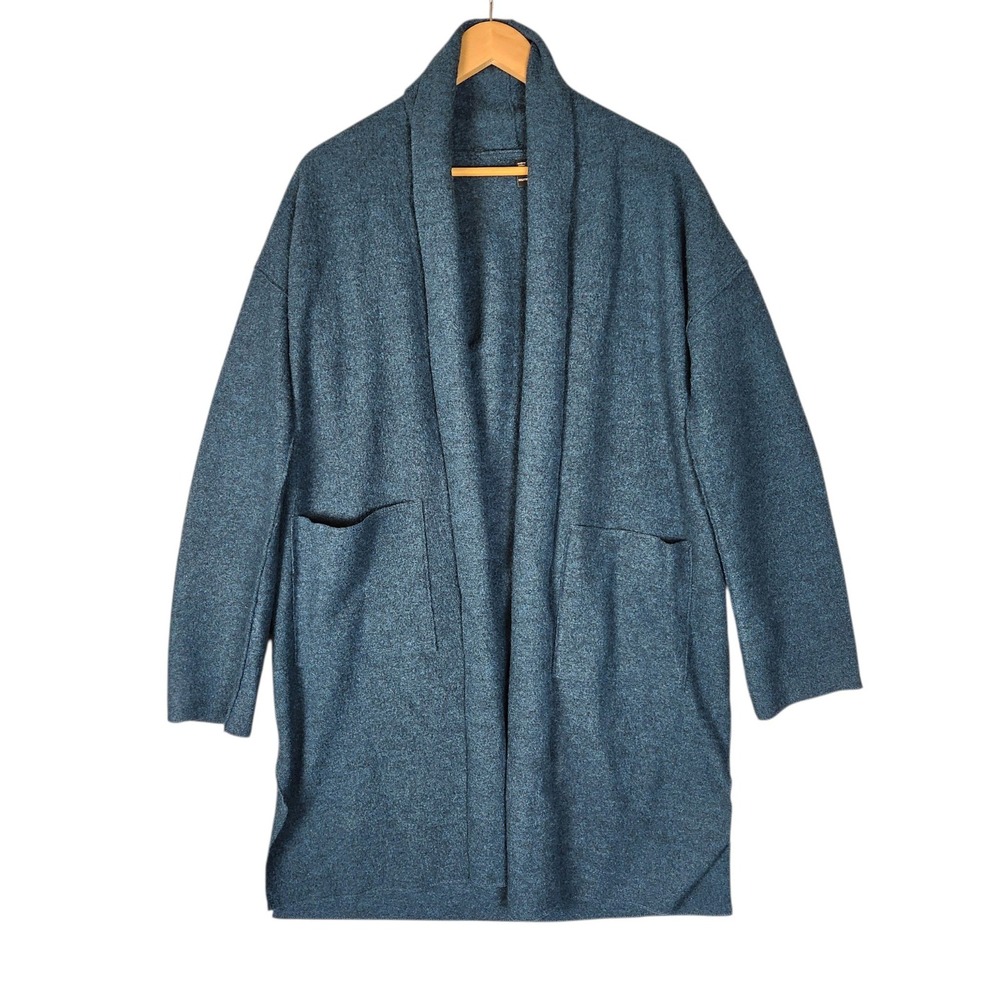 Eileen Fisher Lightweight Boiled Wool High Collar Coat XXS Teal Blue Open Front
